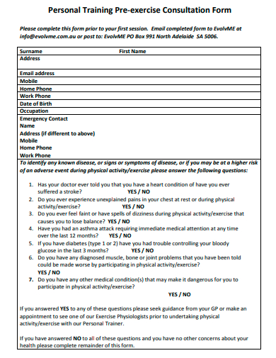personal training pre exercise consultation form
