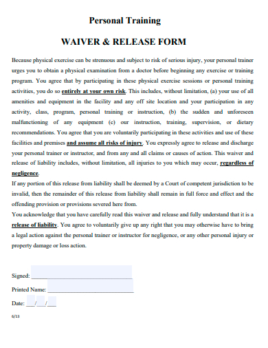 personal training waiver and release form