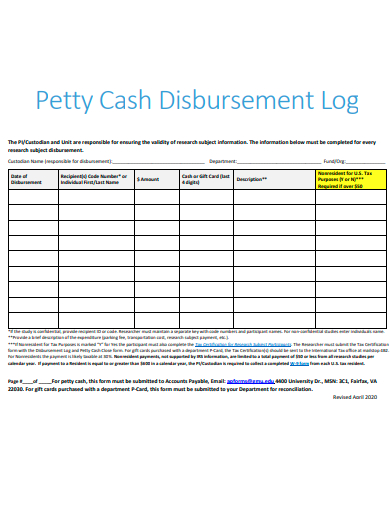 petty cash disbursement log