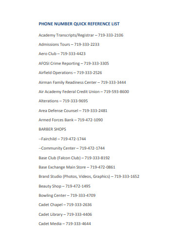 phone number quick reference list