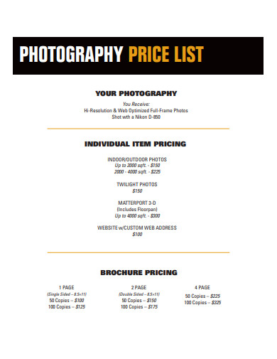 photography price list example