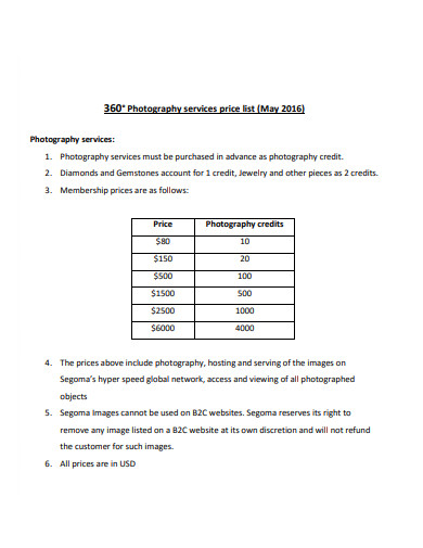 photography price list format