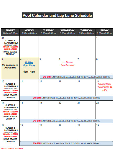 pool calendar schedule