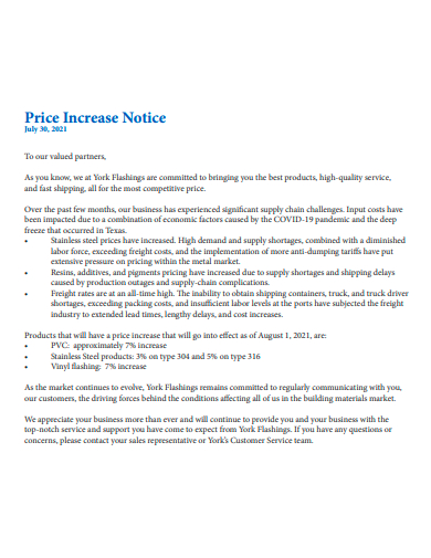 price increase notice template