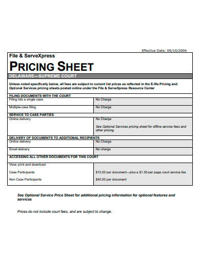 pricing sheet template
