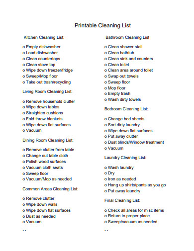 printable cleaning list