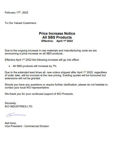 product price increase notice
