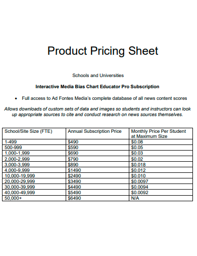 product pricing sheet