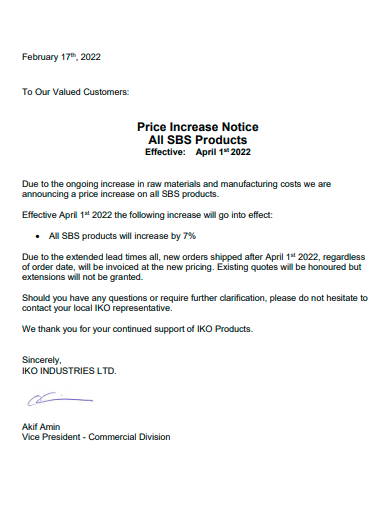 products price increase notice