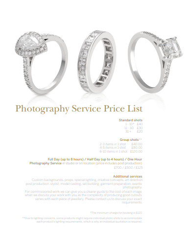 professional photography price list