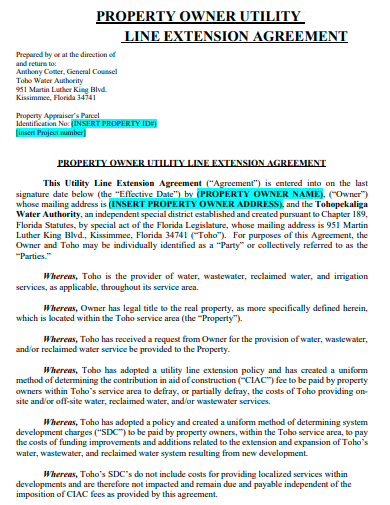 property owner utility line extension agreement