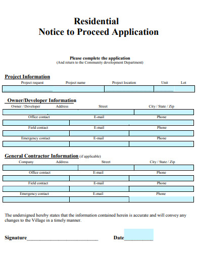 residential notice to proceed application
