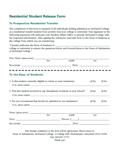 residential student release form