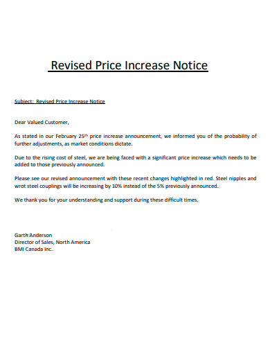 revised price increase notice
