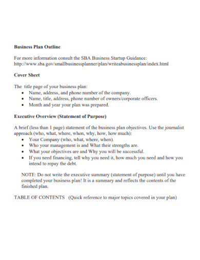 sba business plan outline