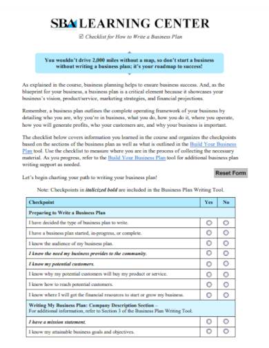 sba checklist for business plan