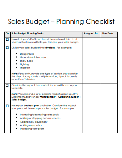 sales budget planning checklist