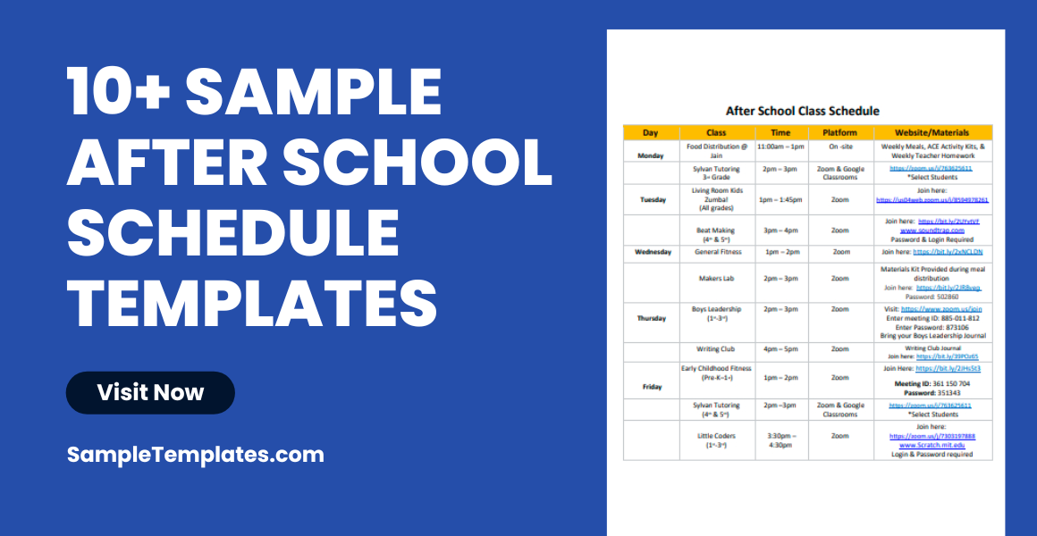 sample after school schedule templates