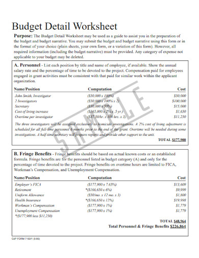 sample budget detail worksheet 