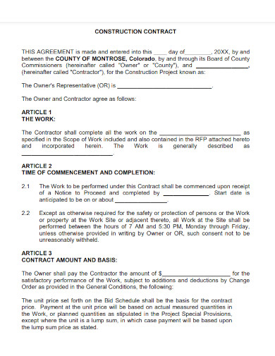 sample construction contract agreement