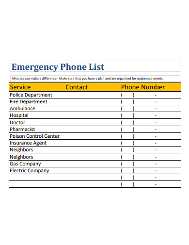 sample emergency phone list