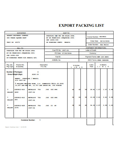 sample export packing list
