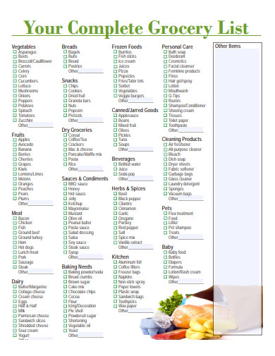 sample grocery list