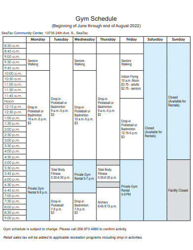 sample gym schedule
