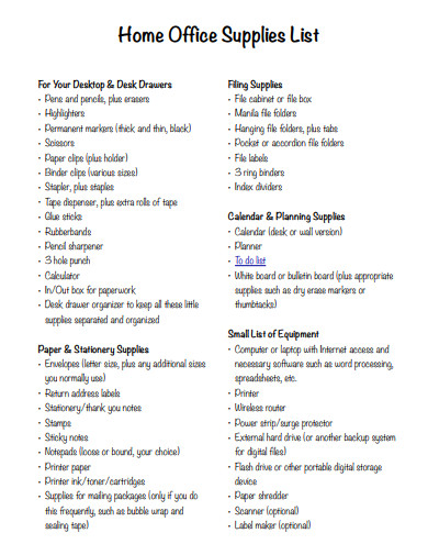 office supplies checklist printable