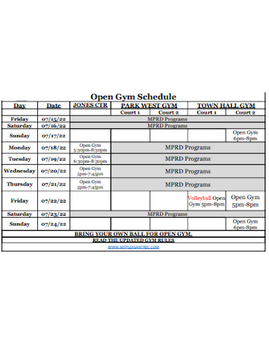 sample open gym schedule