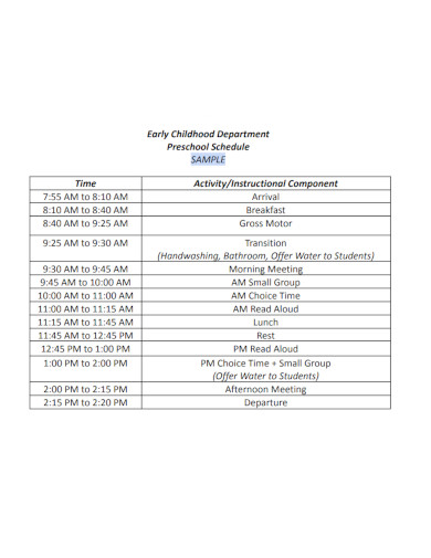sample preschool schedule