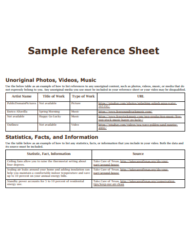 sample reference sheet