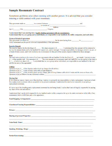 sample roommate contract template