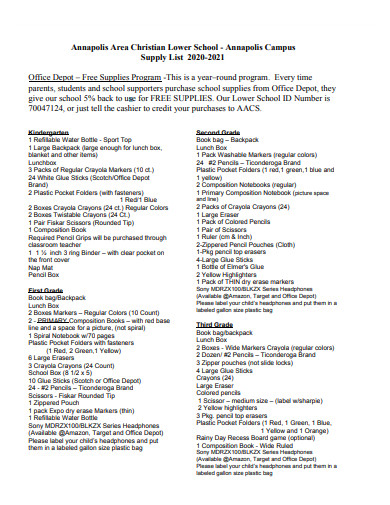 sample school office supply list