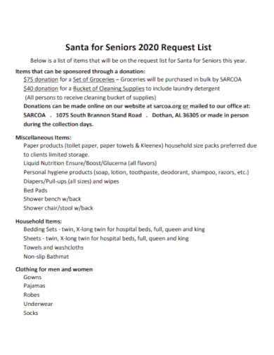 santa for seniors request list