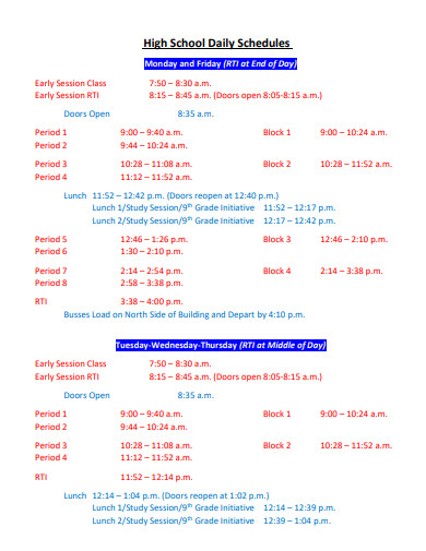 school daily schedule example