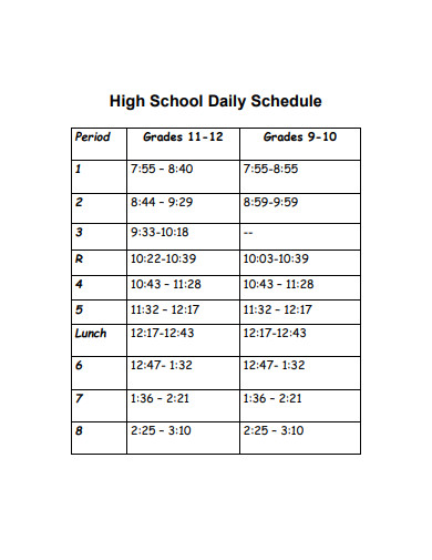 school daily schedule format