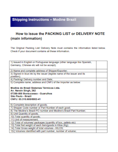 shipping packing list delivery note