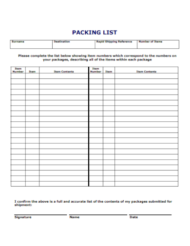 shipping reference packing list