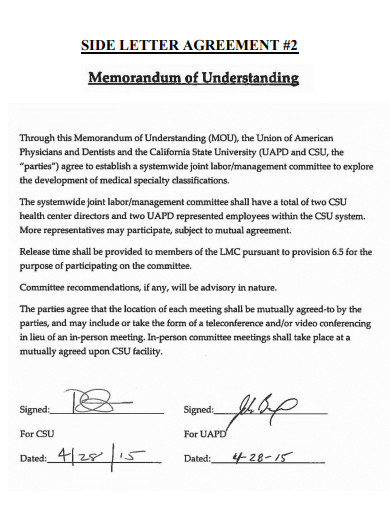 side letter agreement memorandum
