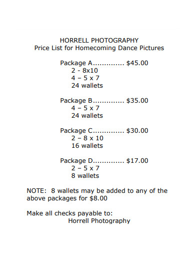 simple photography price list