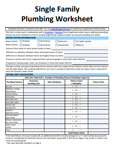 single family plumbing worksheet