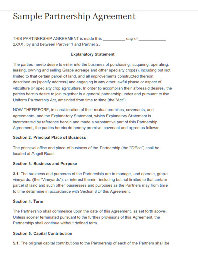 small business partnership agreement statement