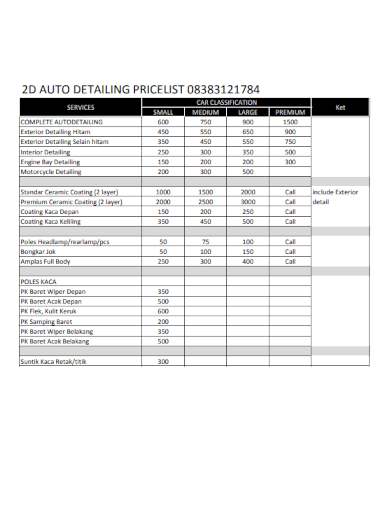 standard auto detailing price list