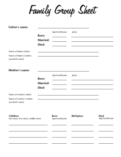standard family group sheet