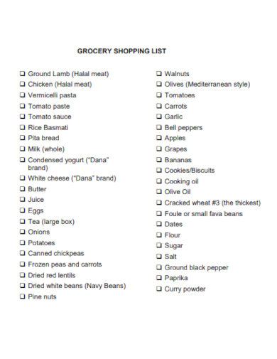 standard grocery shopping list