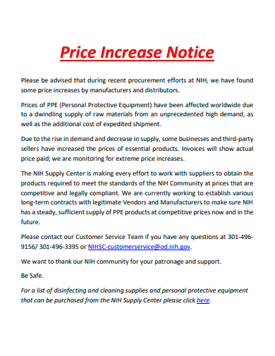standard price increase notice