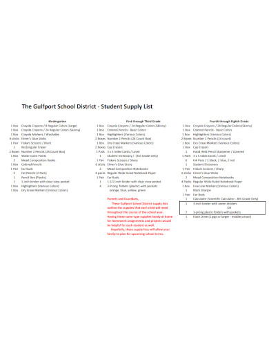 student supply list