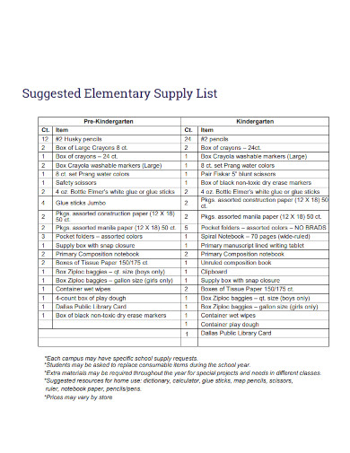 suggested elementary supply list