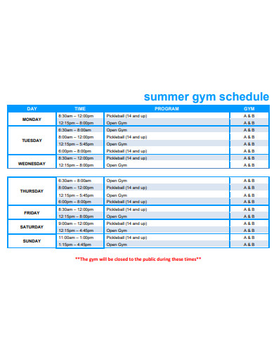 summer gym schedule